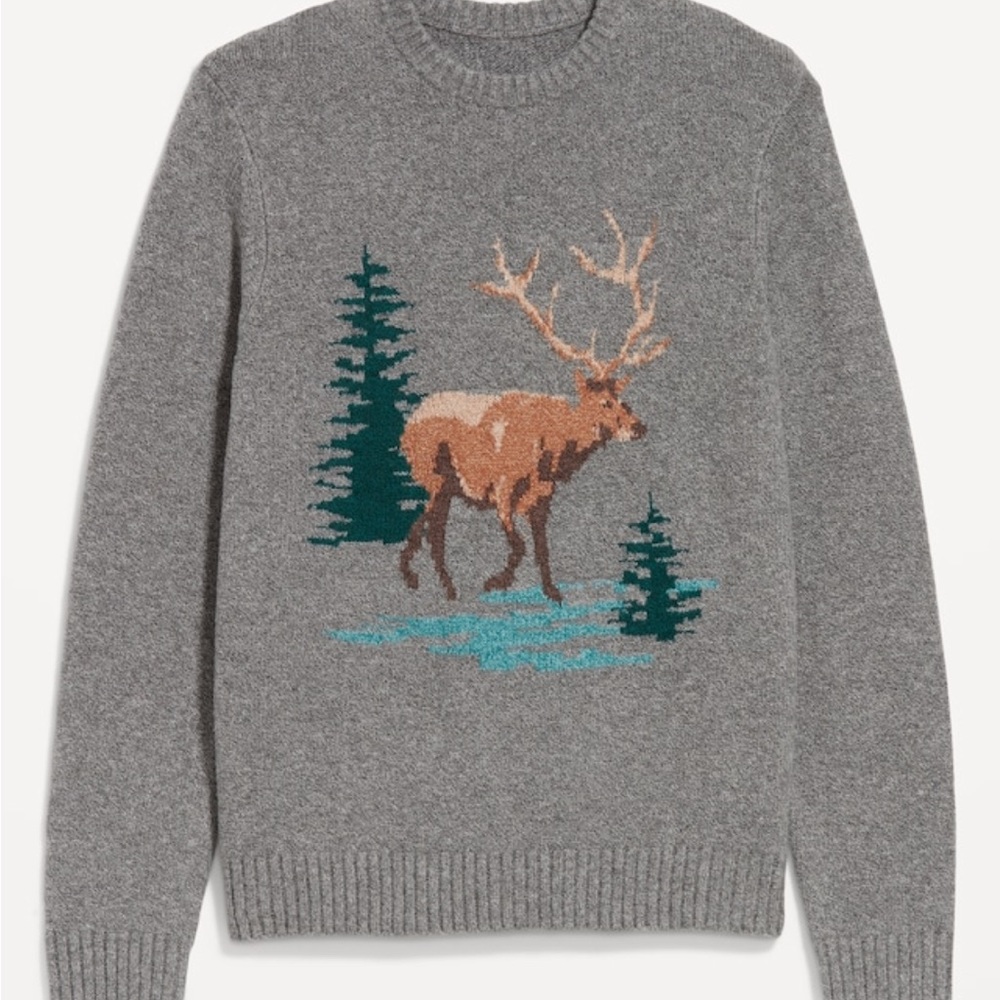 Old Navy Gray Sweater with Stag and Pine Design